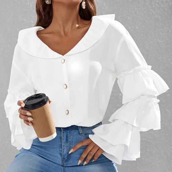 MODA ME COUTURE Tops - Classy White ruffled Layer Long Sleeve Button down Blouse top